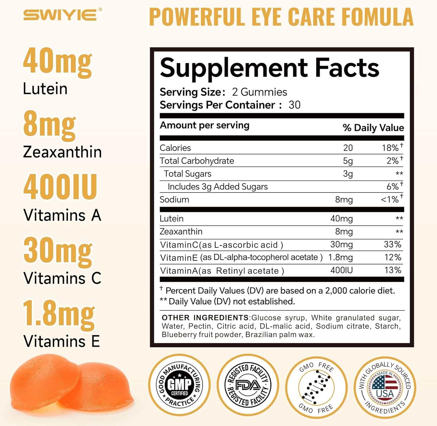 Lutein 60 Gummies C Eye Vitamin and Mineral Supplement with 20mg Lutein