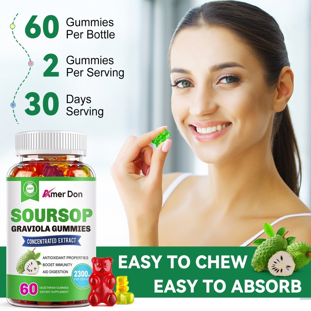 Organic Soursop Graviola 60 Gummies Leaves & Seeds Extract 2300mg Immune Support