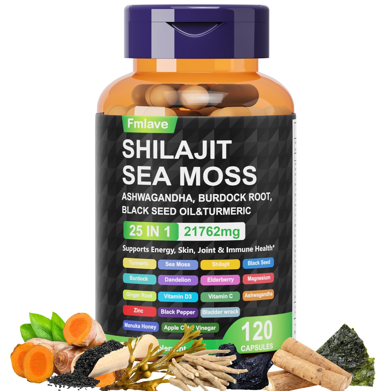 Sea Moss, Black Seed Oil, Ashwagandha, Turmeric Ginger Shilajit Burdock 120 caps