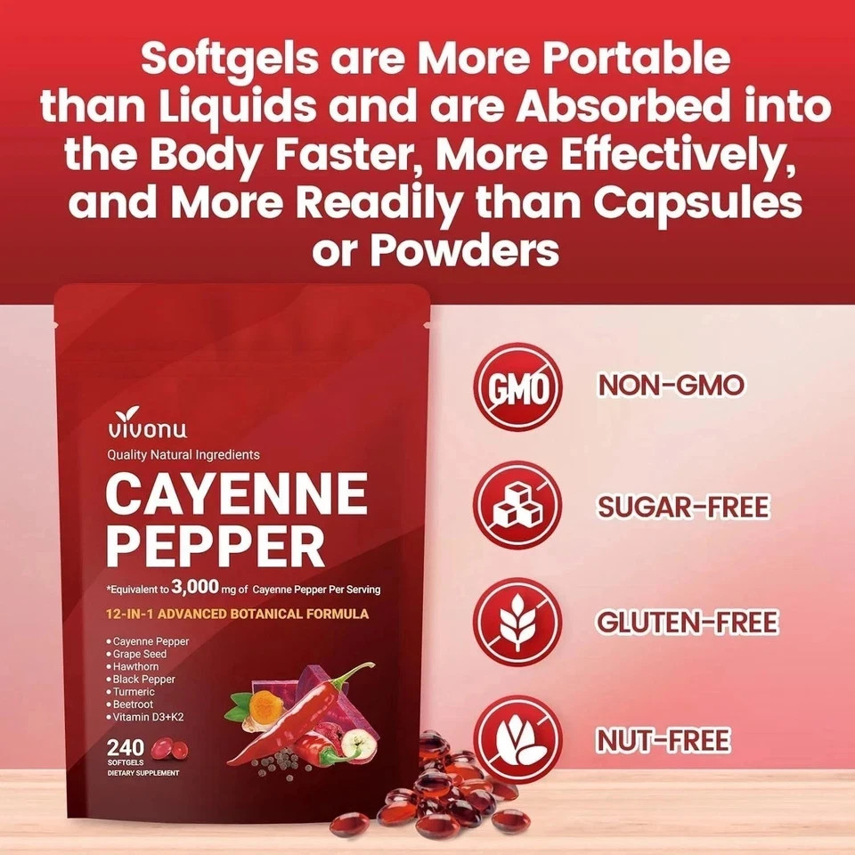 2PACK VivoNu Cayenne Pepper Softgels Supplement – 240 Capsules NEW FREE SHIP