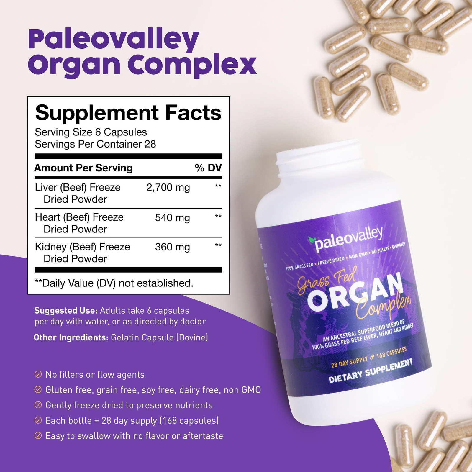 Paleovalley Grass Fed Beef Organ Complex FreezeDried Beef Liver, Heart, and …