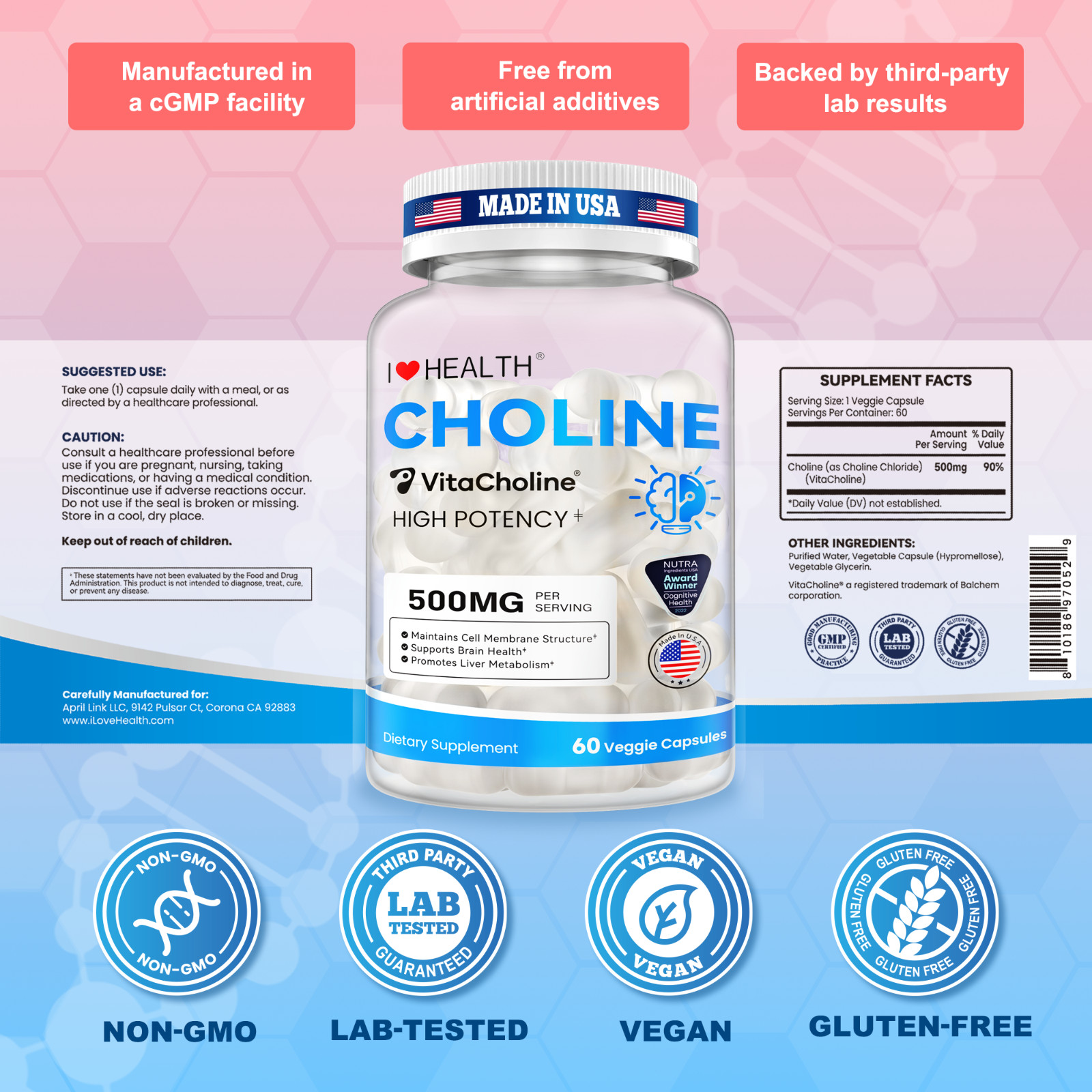 Choline 500mg, Brain Supplement for Memory and Focus | Cognitive Function