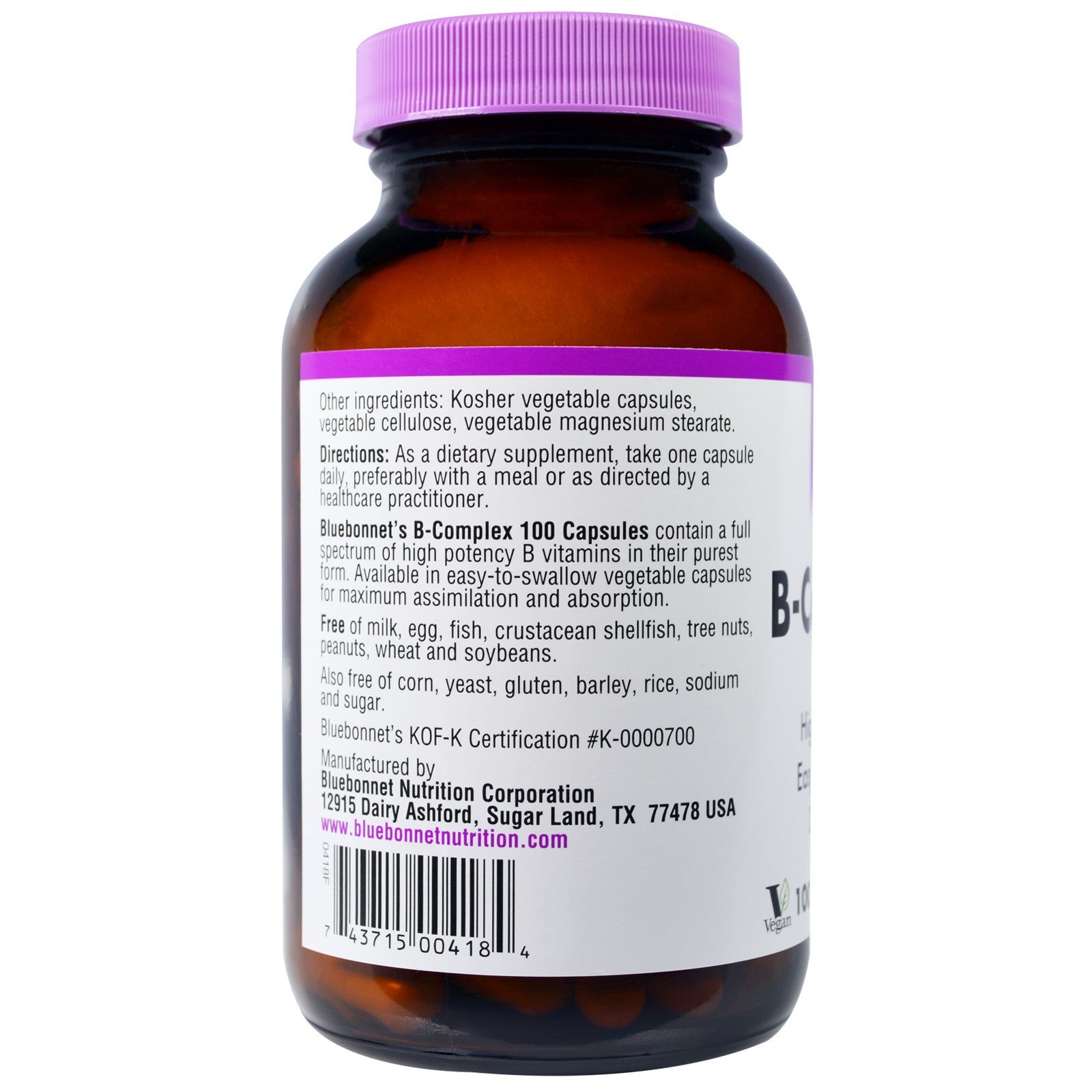 Bluebonnet Nutrition B-Complex 100 100 Veggie Caps Egg-Free, Fish Free,