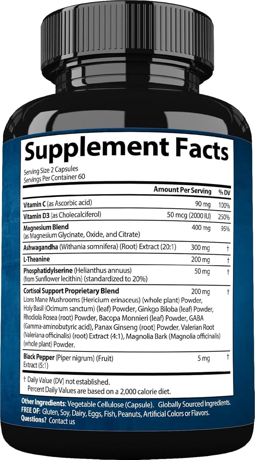Extra Strength Cortisol Supplements with L-Theanine & Adaptogens – 120 Count