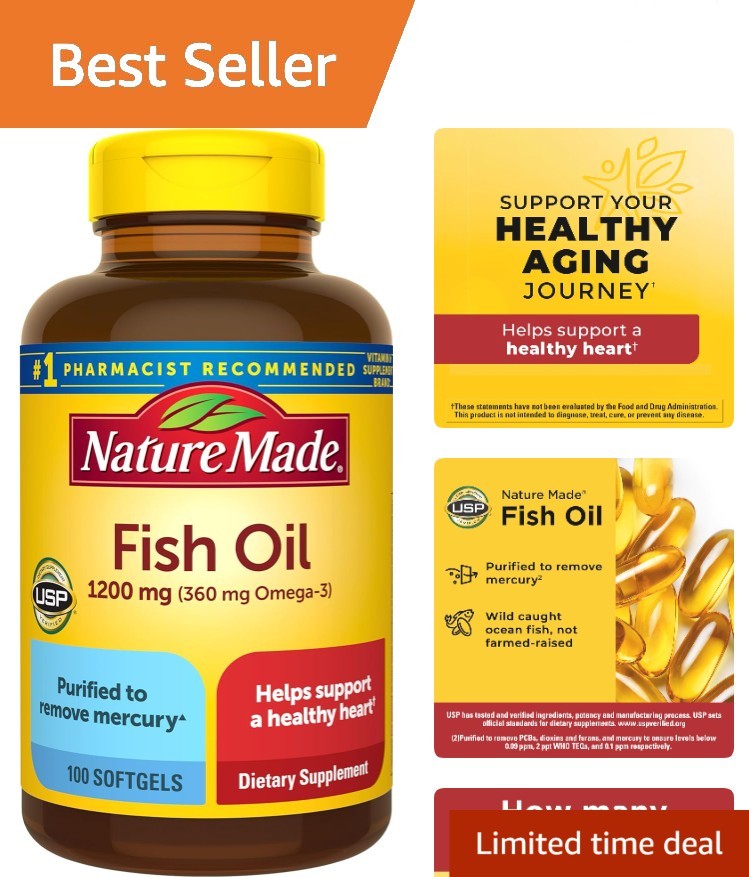 Purified Omega 3 Fish Oil 1200mg Softgels – 100 Count for Daily Heart Support