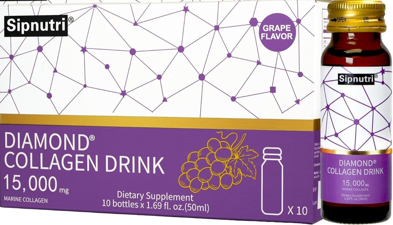 Sipnutri Diamond Marine Collagen Drink 15000mg Grape Liquid Peptides 10 Bottles