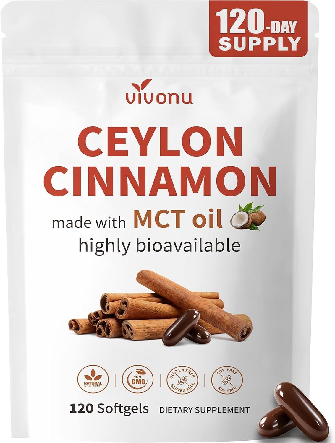 High Potency Organic Ceylon Cinnamon Softgels with MCT Oil, 120-Count Supply