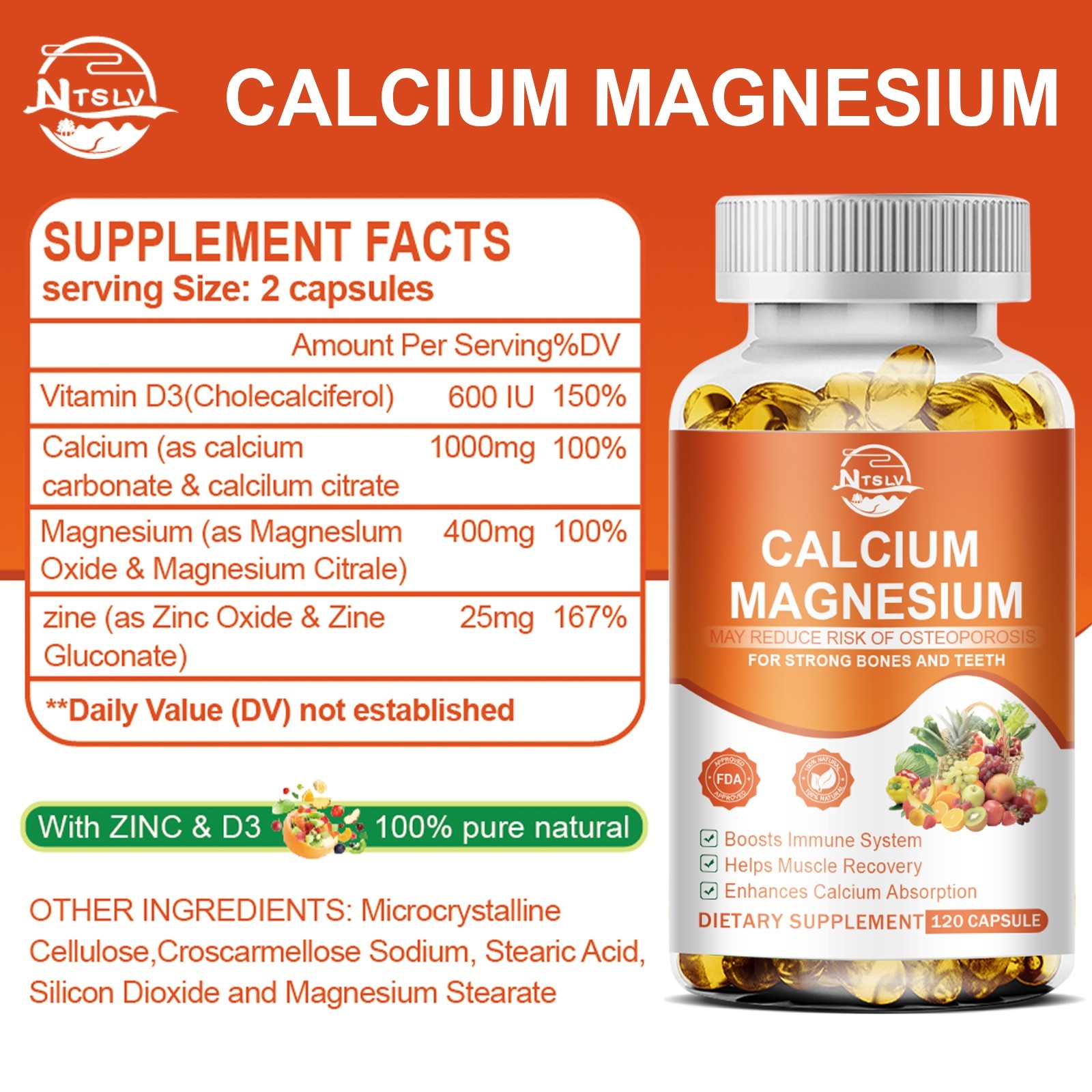120 Magnesium Capsule Zinc Vitamin D3 Calcium Complex Promote Bones & Teeth
