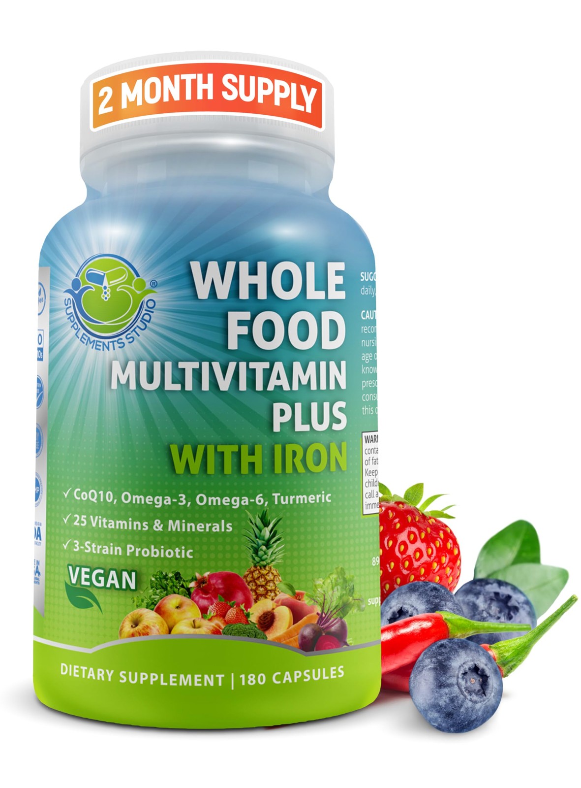 Vegan Whole Food Multivitamin w/ Iron, Methylated B12, Folate, CoQ10, Turmeric