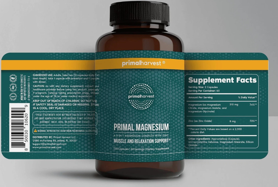 Primal Harvest Magnesium 310mg – Glycinate, Citrate, Malate Plus Zinc, 120 Capsu