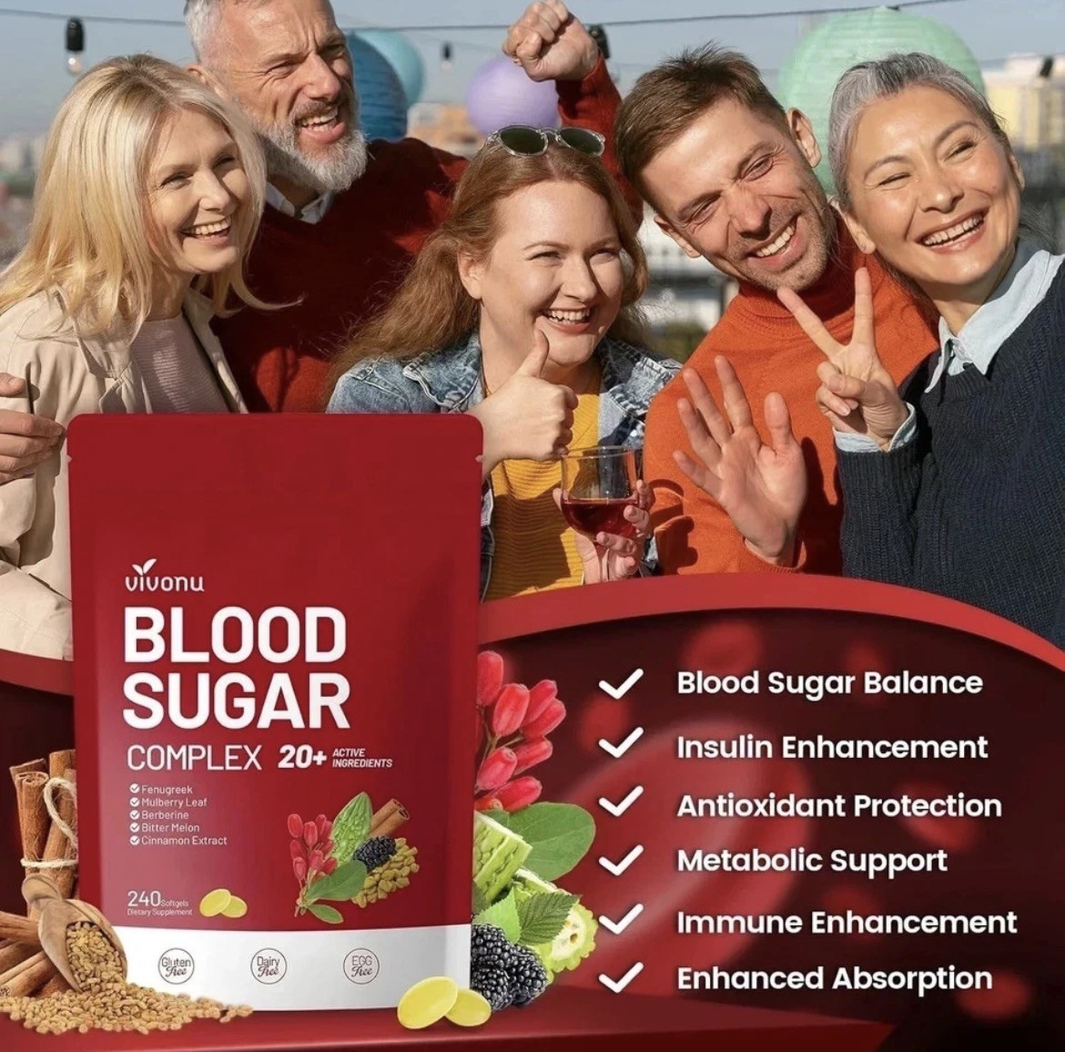 VivoNu Blood Sugar Complex Supplement with 20 Herbs and Vitamins 240 Softgels