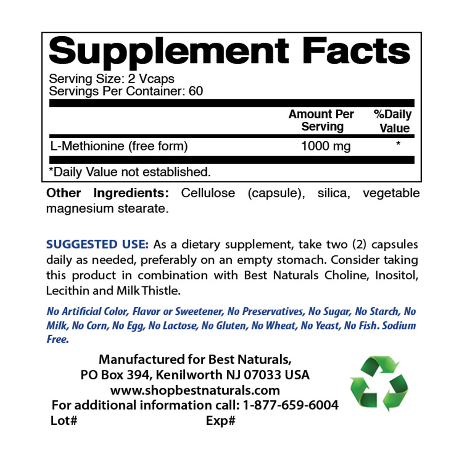 Best Naturals L-Methionine 500 mg 120 Veggie Capsules