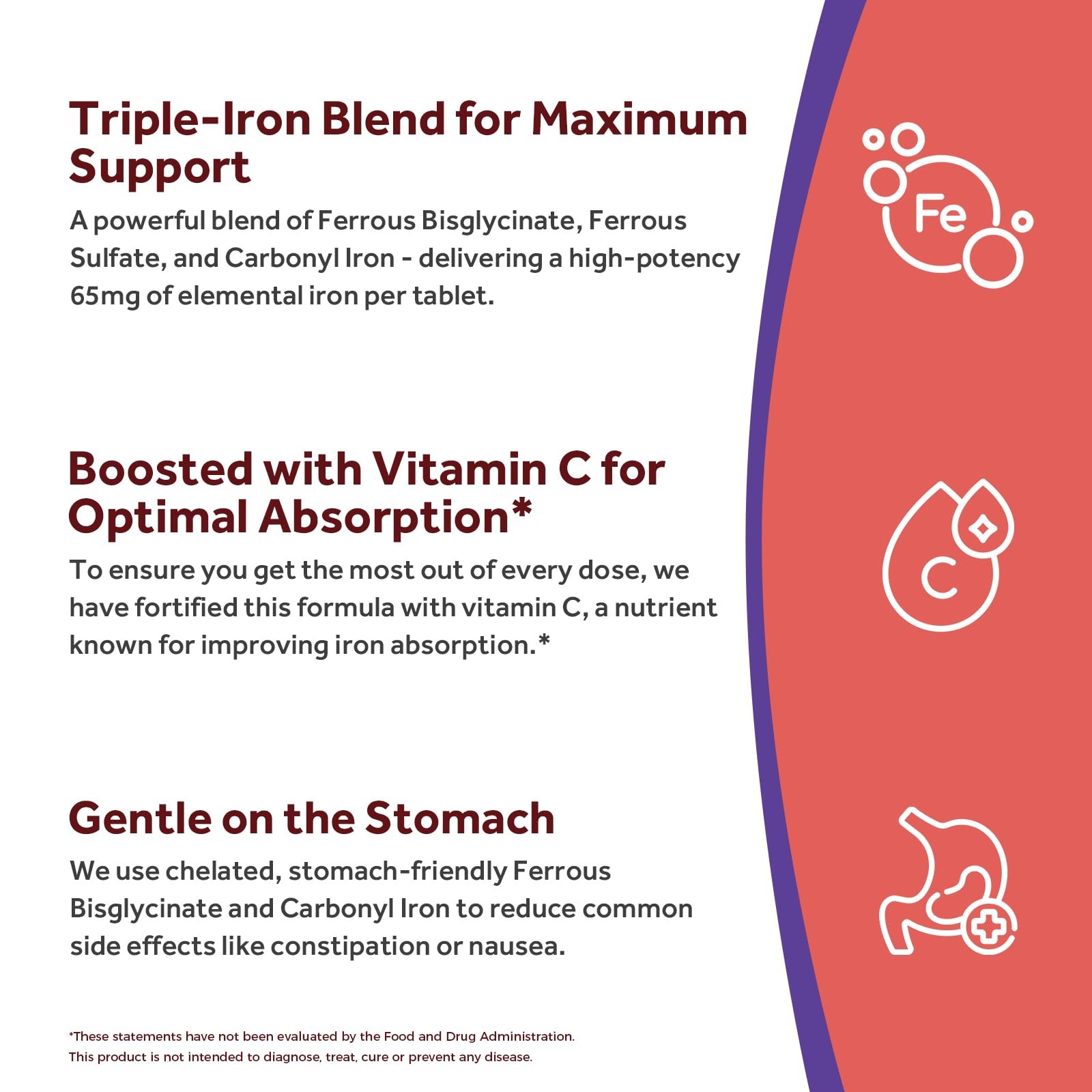 Iron Supplement for Women & Men, 65mg from Ferrous Bisglycinate Sulfate Carbo…