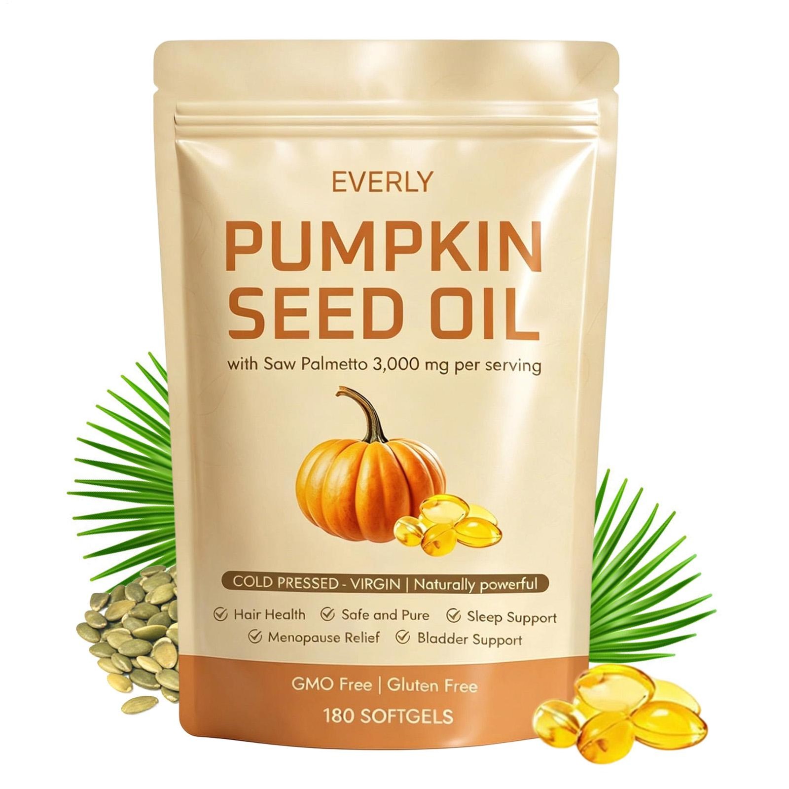 Everly Pumpkin Seed Oil 3000mg Saw Palmetto Daily Body Wellness 180 Softgels