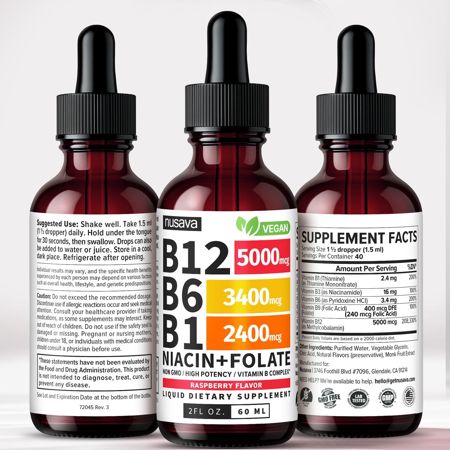 NUSAVA B12 Liquid Drops 5000mcg, Raspberry, Pack of 2 | Energy, Brain and Heart