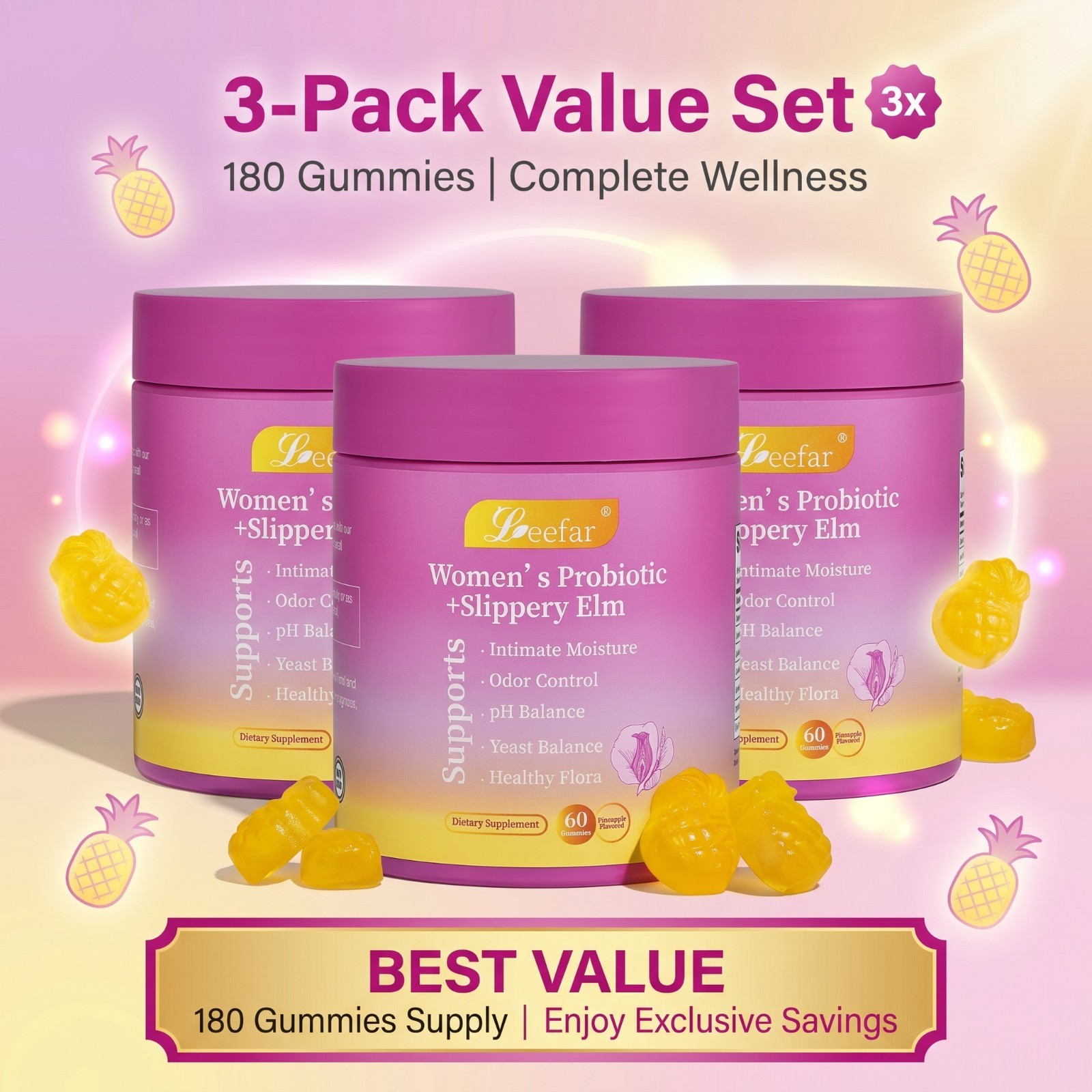 LEEFAR Probiotic Gummies 3-Pk – pH Balance & Dryness Support – Pine 60ct