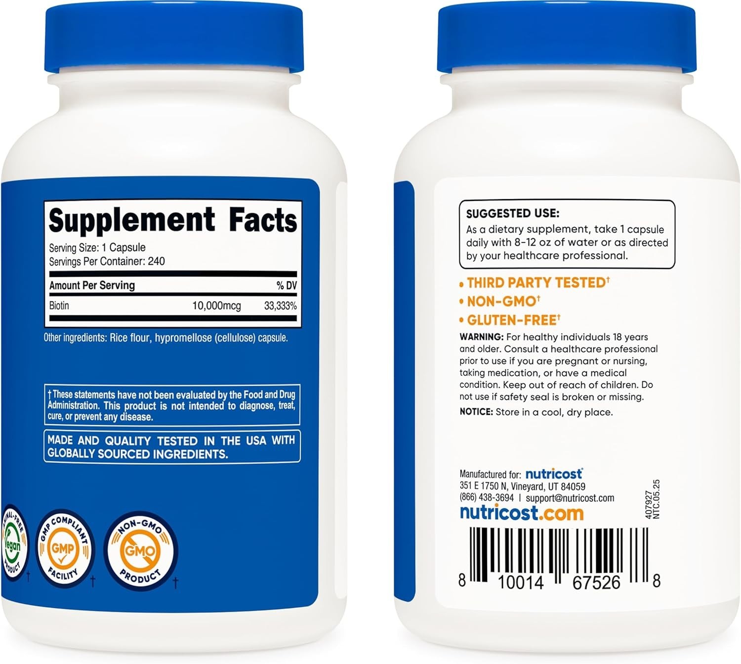 Biotin Vitamin B7 10,000mcg 10mg Vitamin Supplement, 240 Capsules – Vegetaria…