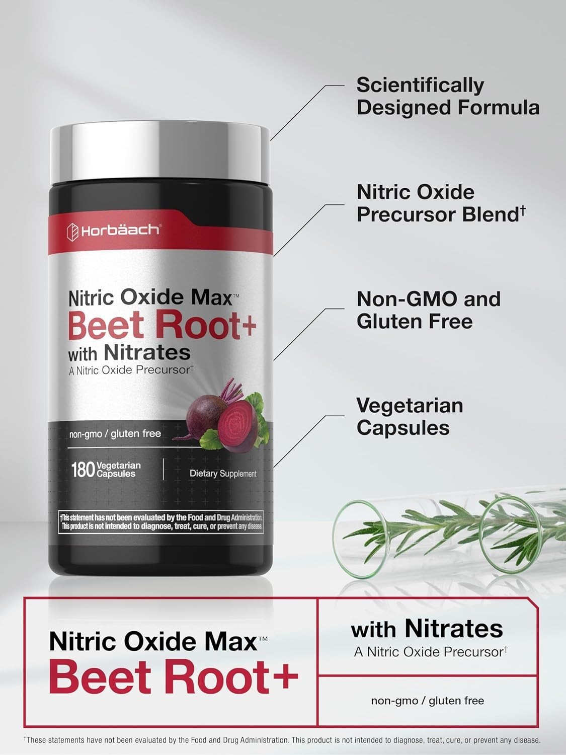 Horbaach Nitric Oxide Max Beet Root Capsules, 180ct, Vegetarian