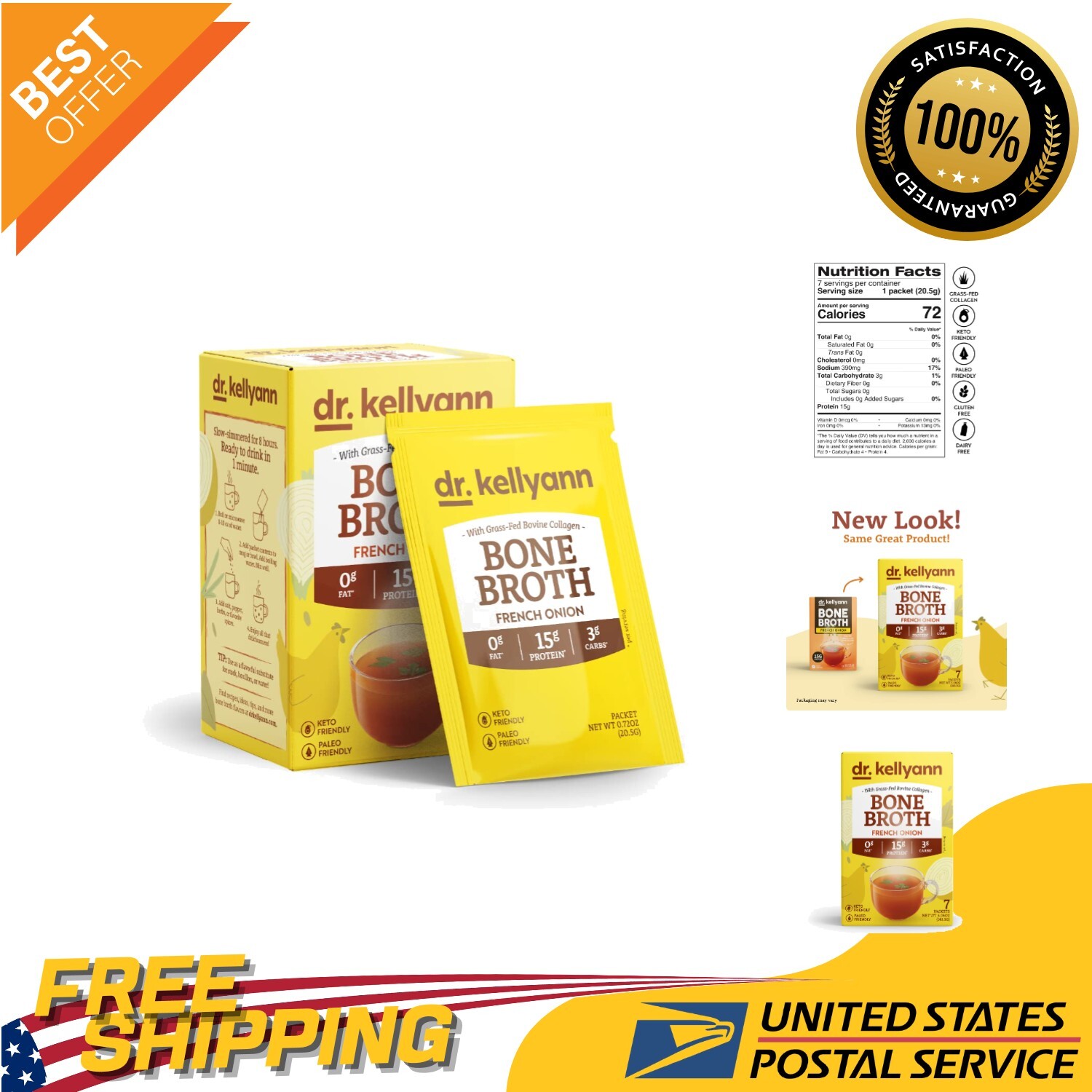 Gourmet French Onion Bone Broth – 7 Convenient Packets with 16g Collagen Protein