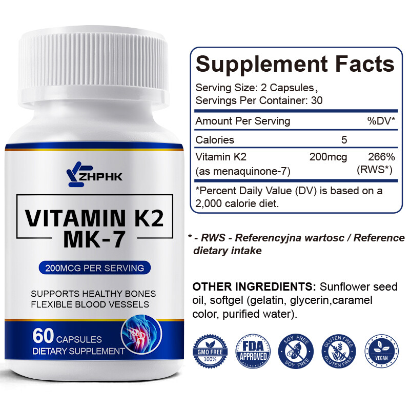 ZHPHK Vitamin K2 MK-7 200 mcg, 60 Capsules – Gluten Free and Non-GMO MK7