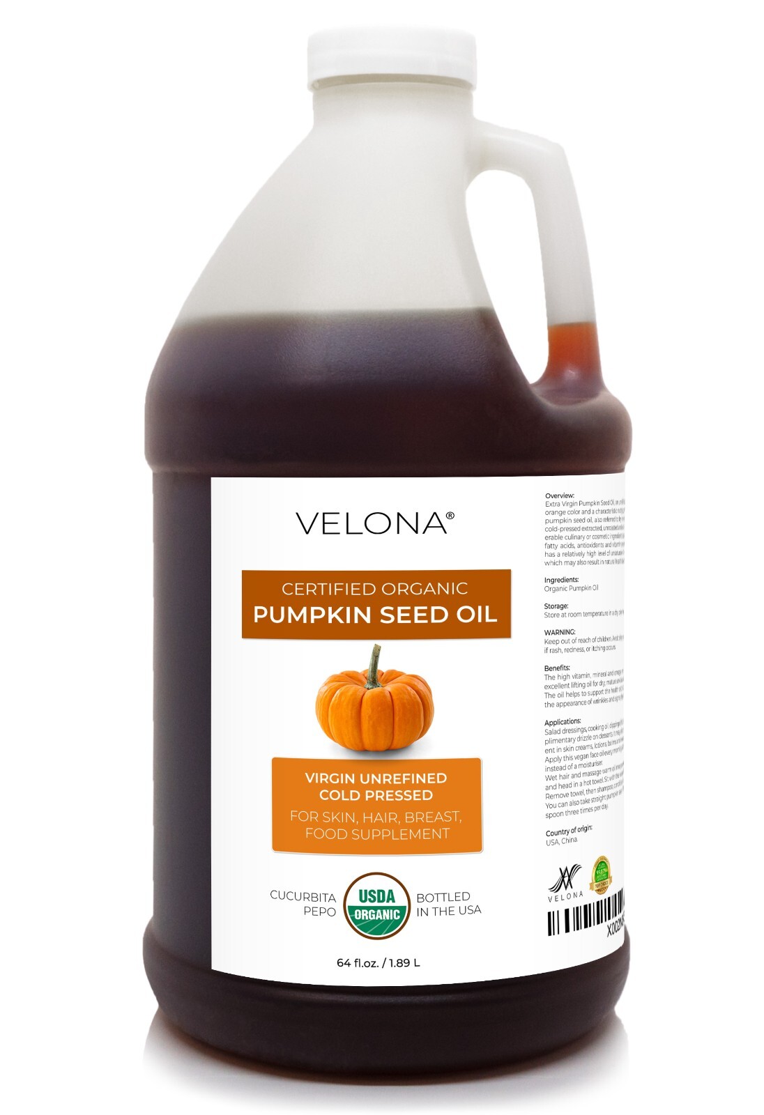 Velona Pumpkin Seed Oil USDA Certified Organic 64 Fl Oz Unrefined Cold Pressed