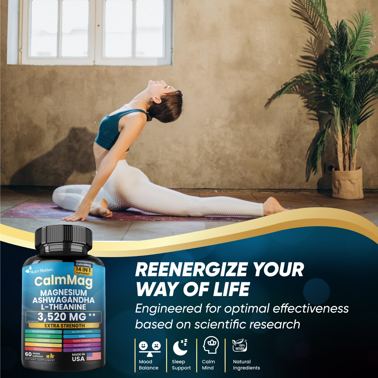 Cortisol Magnesium Supplement Glycinate 250mg L-Theanine 150mg Ashwagandha 150mg