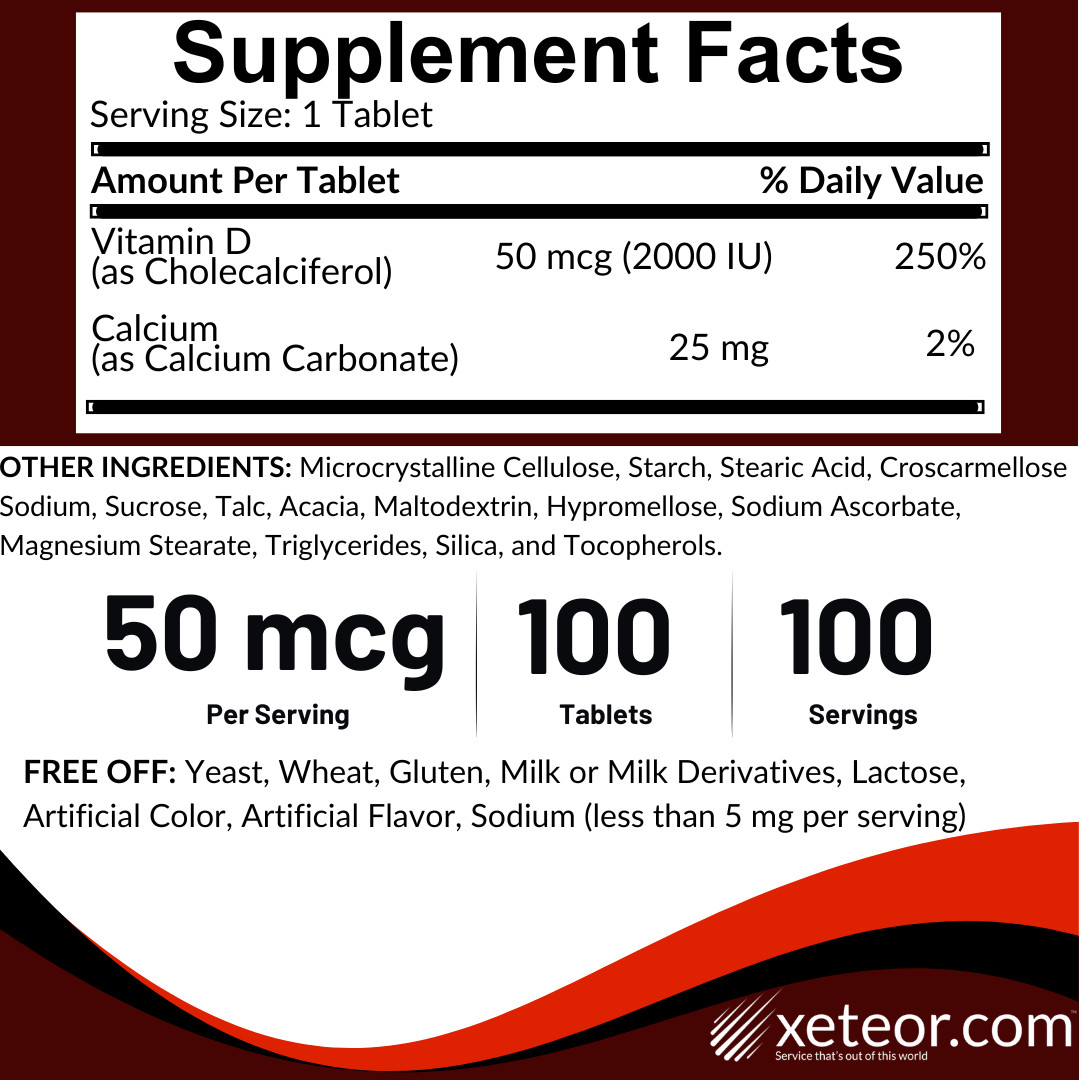Rugby Vitamin D3 Dietary Supplement 50 mcg (2000 IU) – 100 Tablets