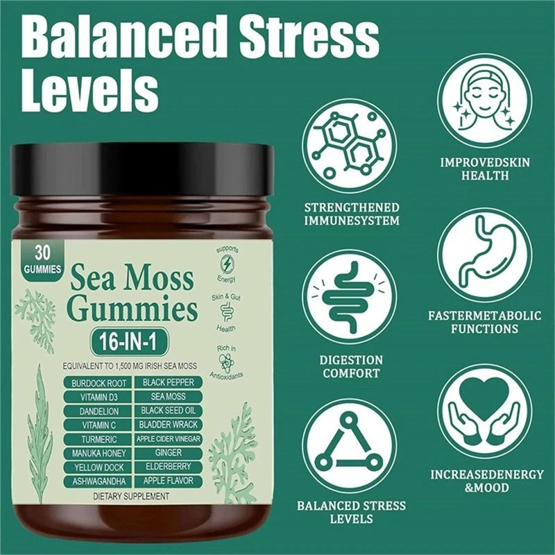 16 IN 1 Organic Sea Moss Gummy Irishmoss Extract 6000Mg Green Apple Flavor US