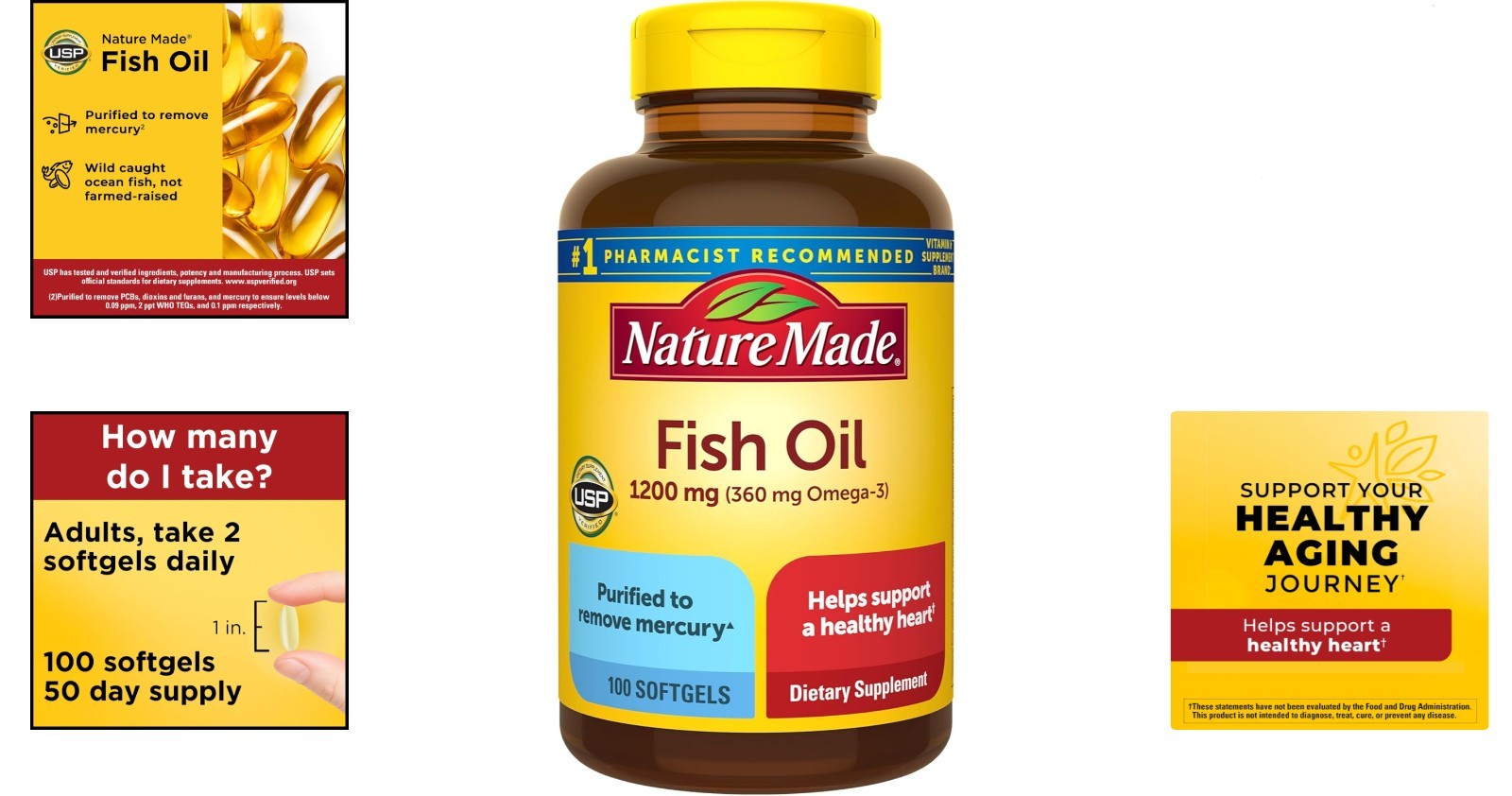 Purified Omega 3 Fish Oil 1200mg Softgels – 100 Count for Daily Heart Support