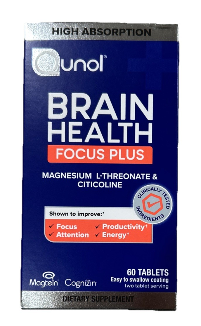 Qunol Brain Health Focus + Tablet with 1000mg Magnesium 250mg Citicoline, 60ct
