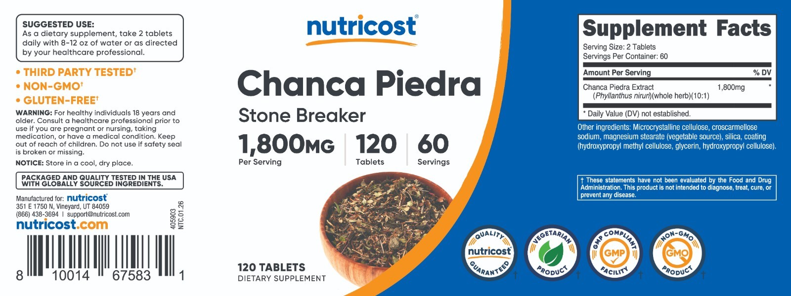 Nutricost Chanca Piedra Extract – 60 Servings, 1800mg Per Serving, 120 Tablets