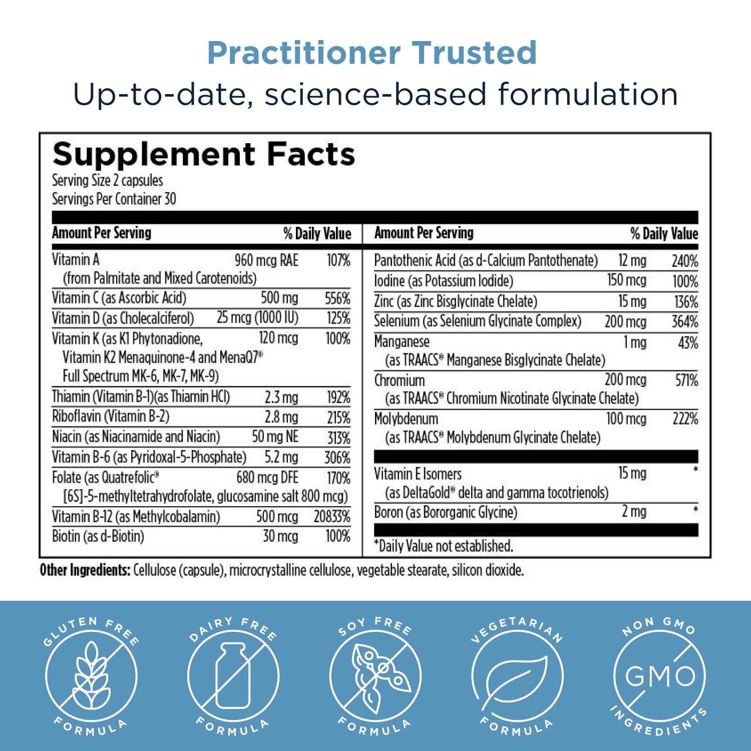 Methylated Multivitamin for Women & Men w/ B12 Folate Vitamin C K D E 60 Caps