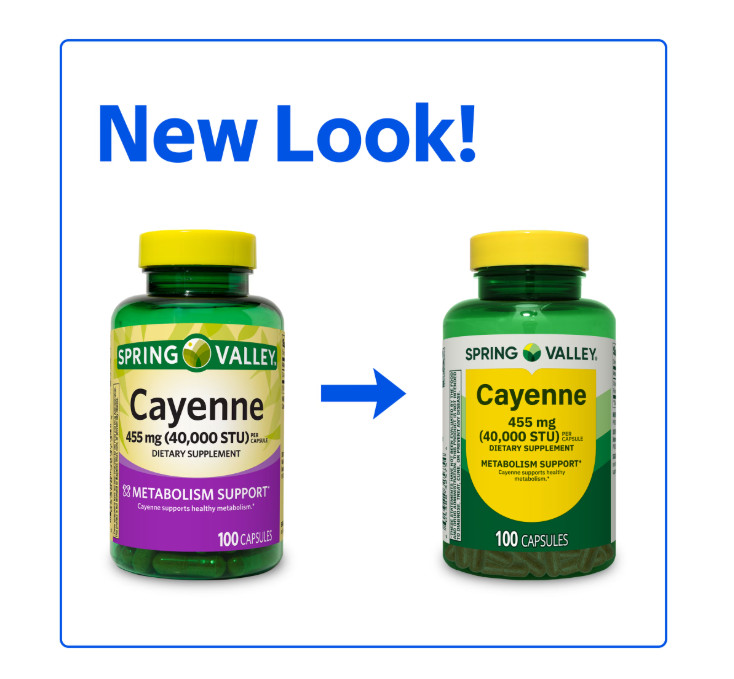 Spring Valley Cayenne Capsules 455 mg, 100 Ct Dietary Supplement for Metabolism