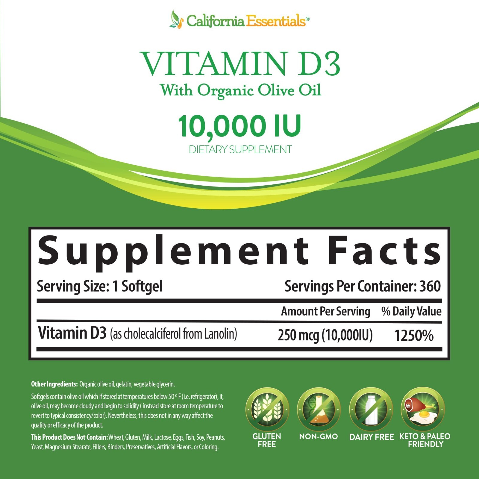 Vitamin D3 10000 IU (250mcg) Enhanced with Organic Olive Oil (360 Softgel)