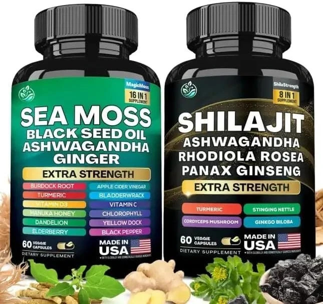 Sea Moss and Shilajit Bundle, Sea Moss 7000mg, Black Seed Oil 4000mg, Ashwagandh