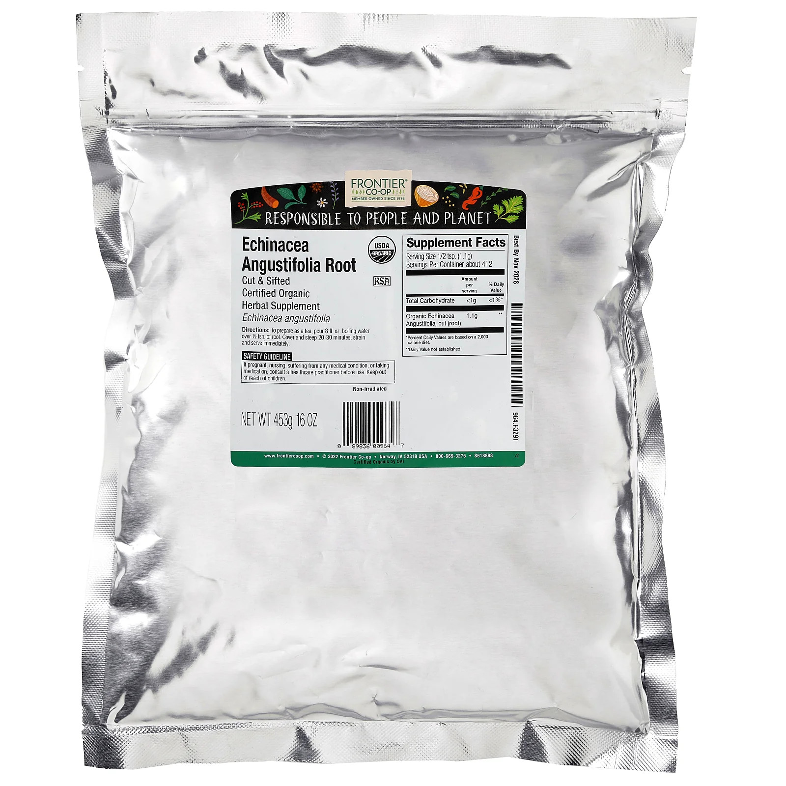 2 X Frontier Co-op, Organic Echinacea Angustifolia Root, Cut & Sifted, 16 oz (4