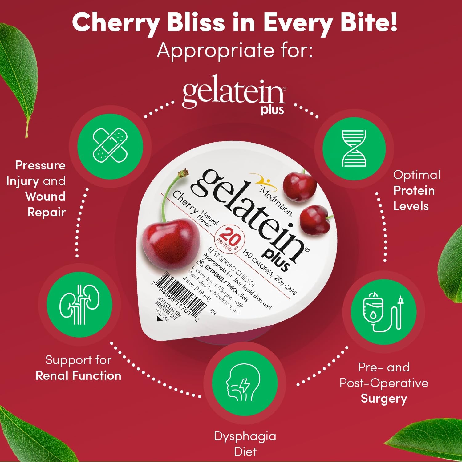 Gelatein Plus Cherry 20g Protein, Ideal for Liquid Diets, 12pk