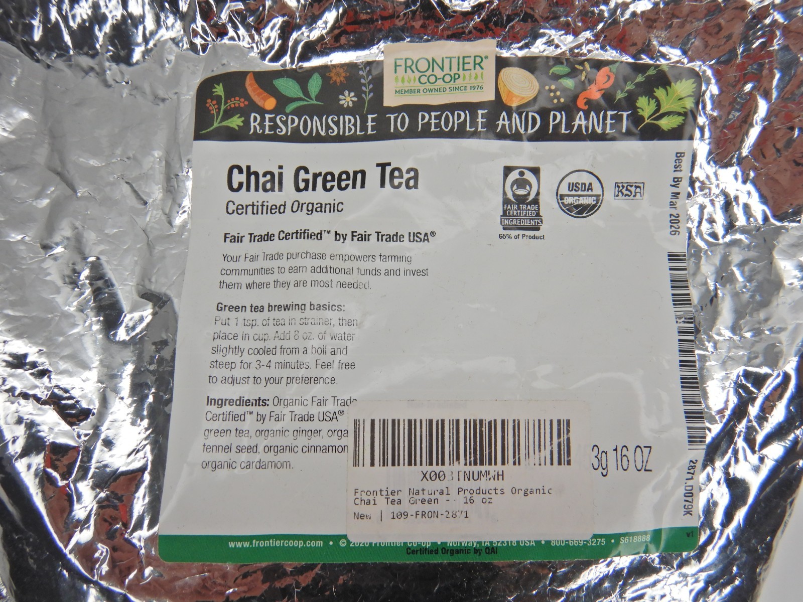 Frontier Co-op Chai Green Tea, Organic, Fairtrade Certified 16 oz BB MAR 2026