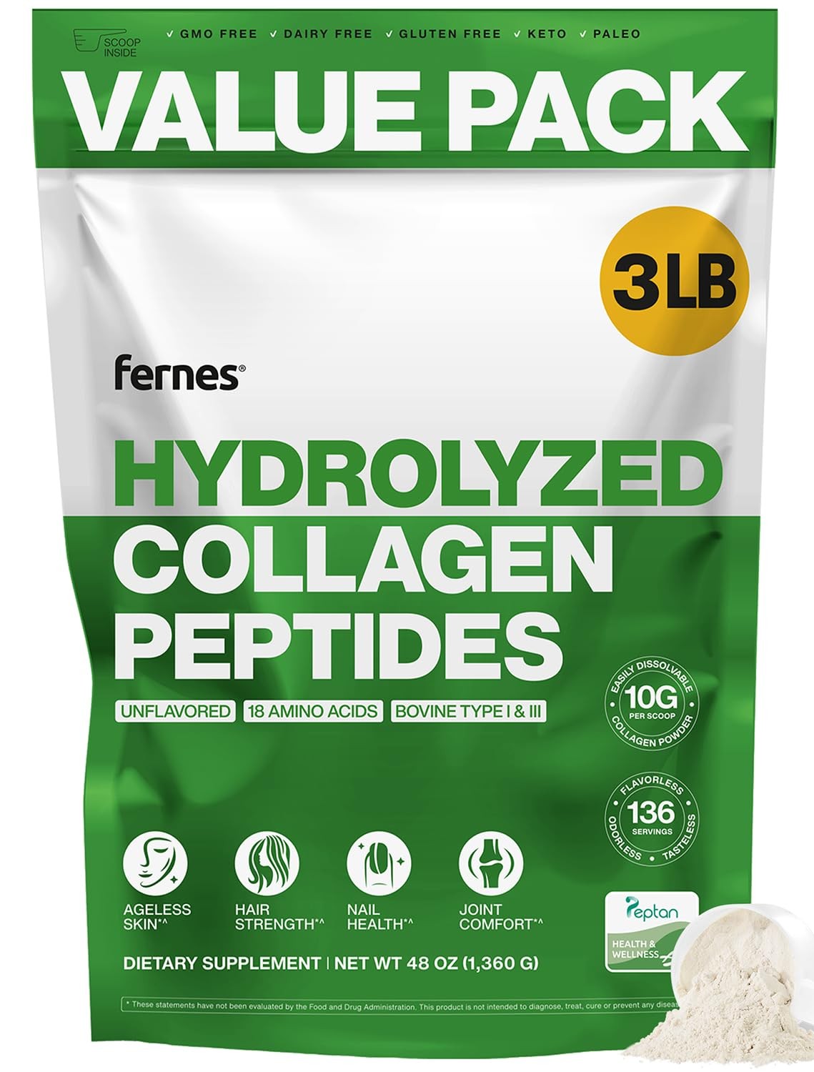 Hydrolyzed Collagen for Women Men (3LB) Type I & III 3 Pound (Pack of 1)