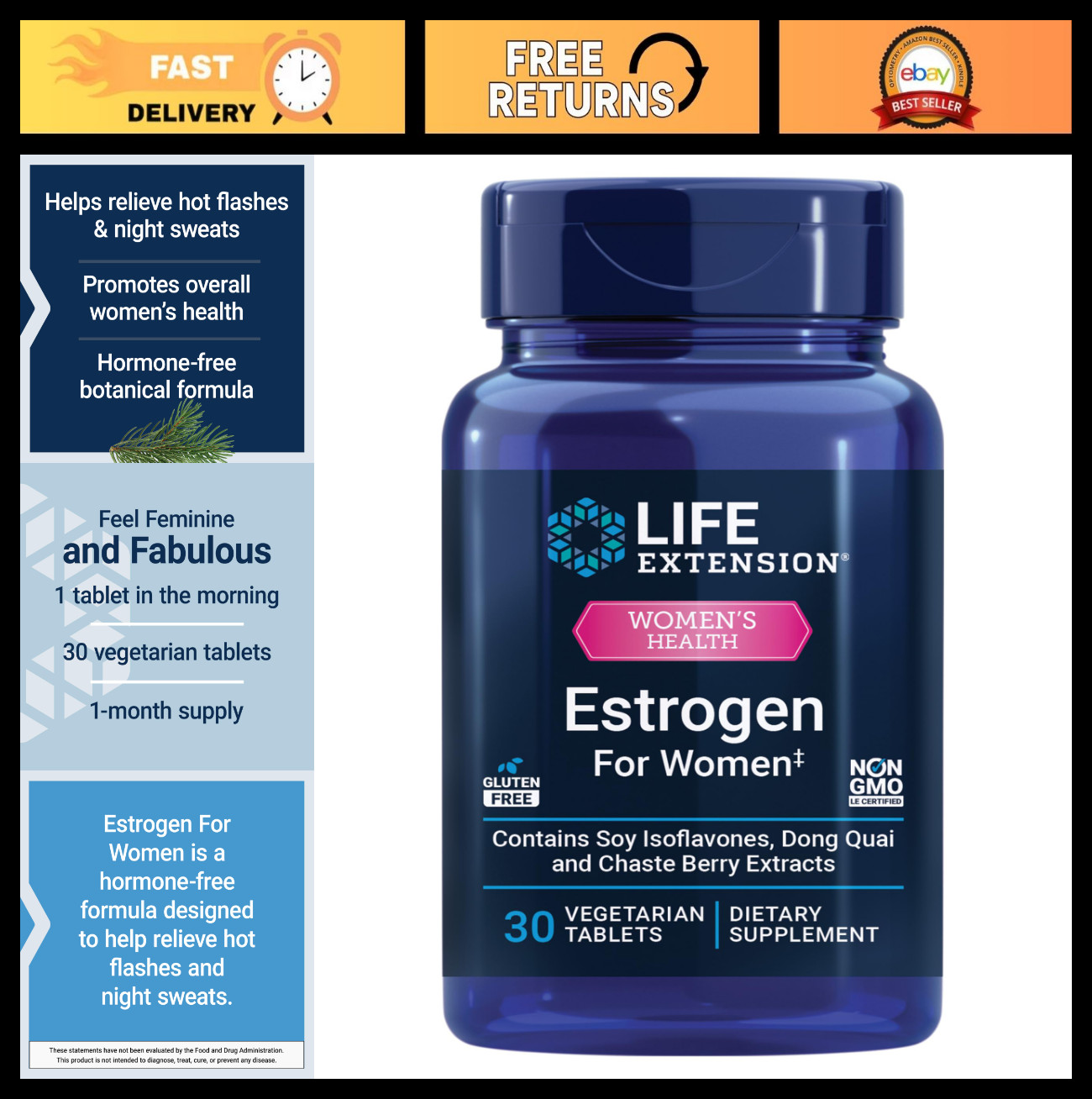 Estrogen Support for Women – Relieves Hot Flashes, Night Sweats, Non-GMO, 30 Tab