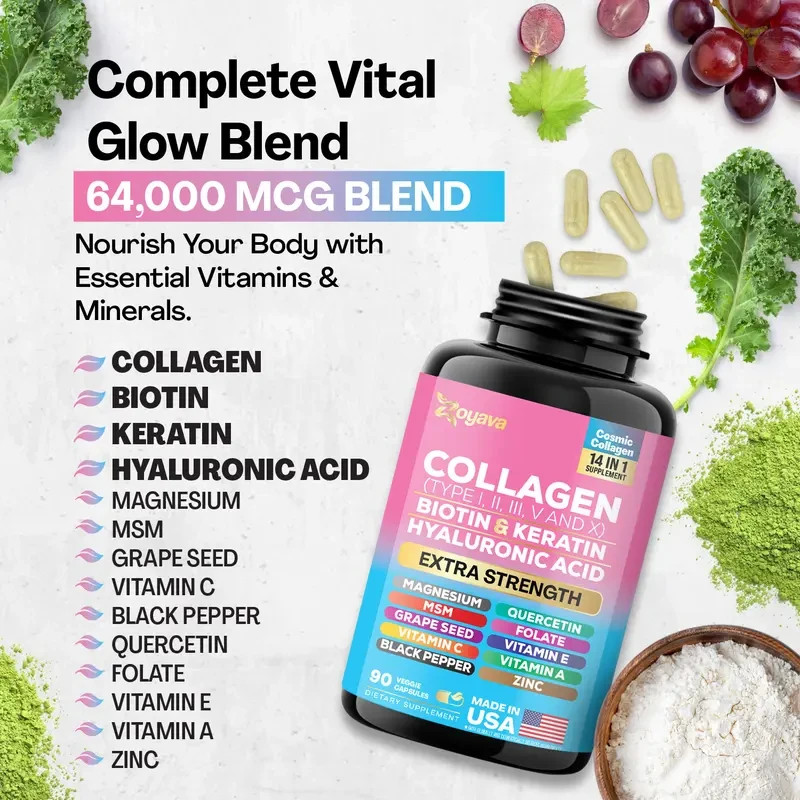 Zoyava Multi Collagen Capsules Type I II III V X Biotin Keratin Hair Skin Nail