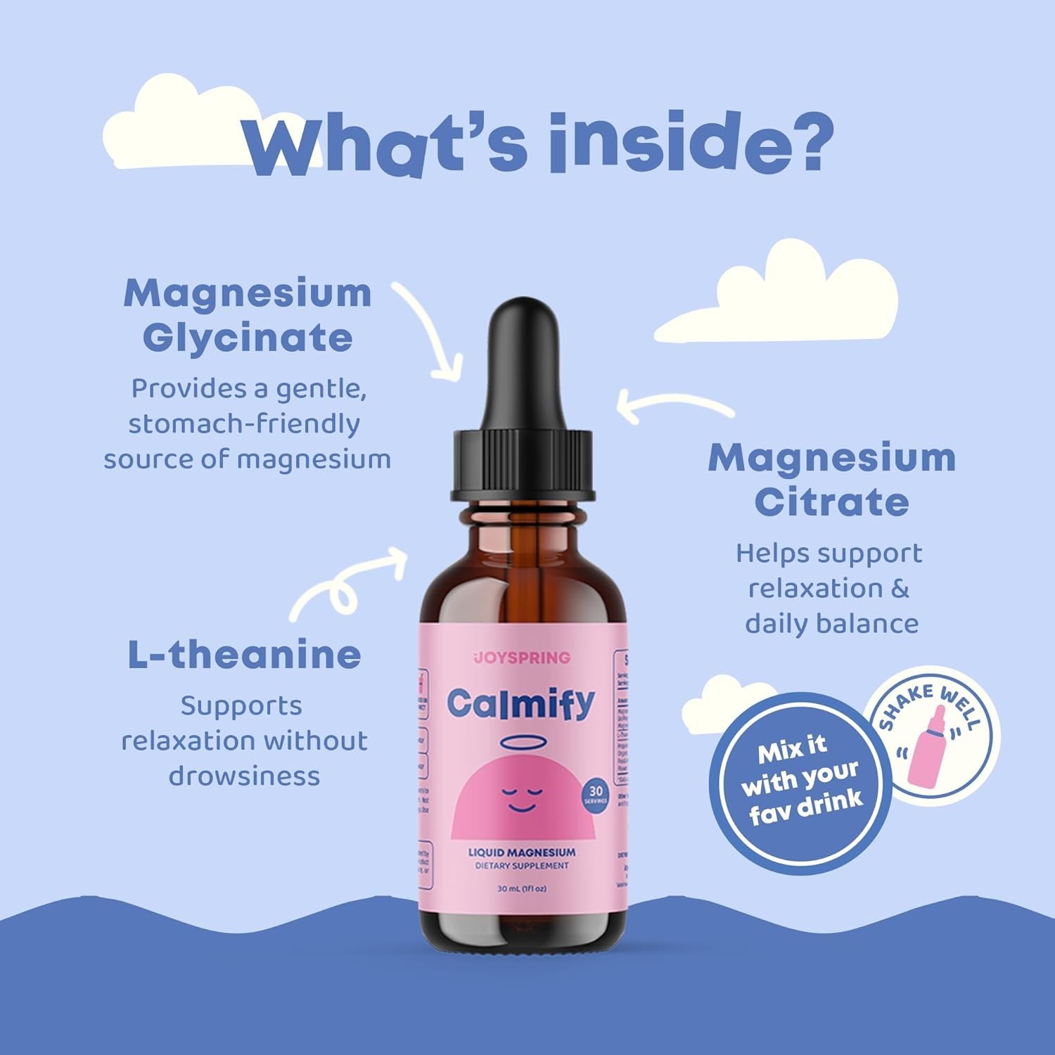 JoySpring Calmify Kids Magnesium Glycinate Liquid L-Theanine 1oz 30 Servings