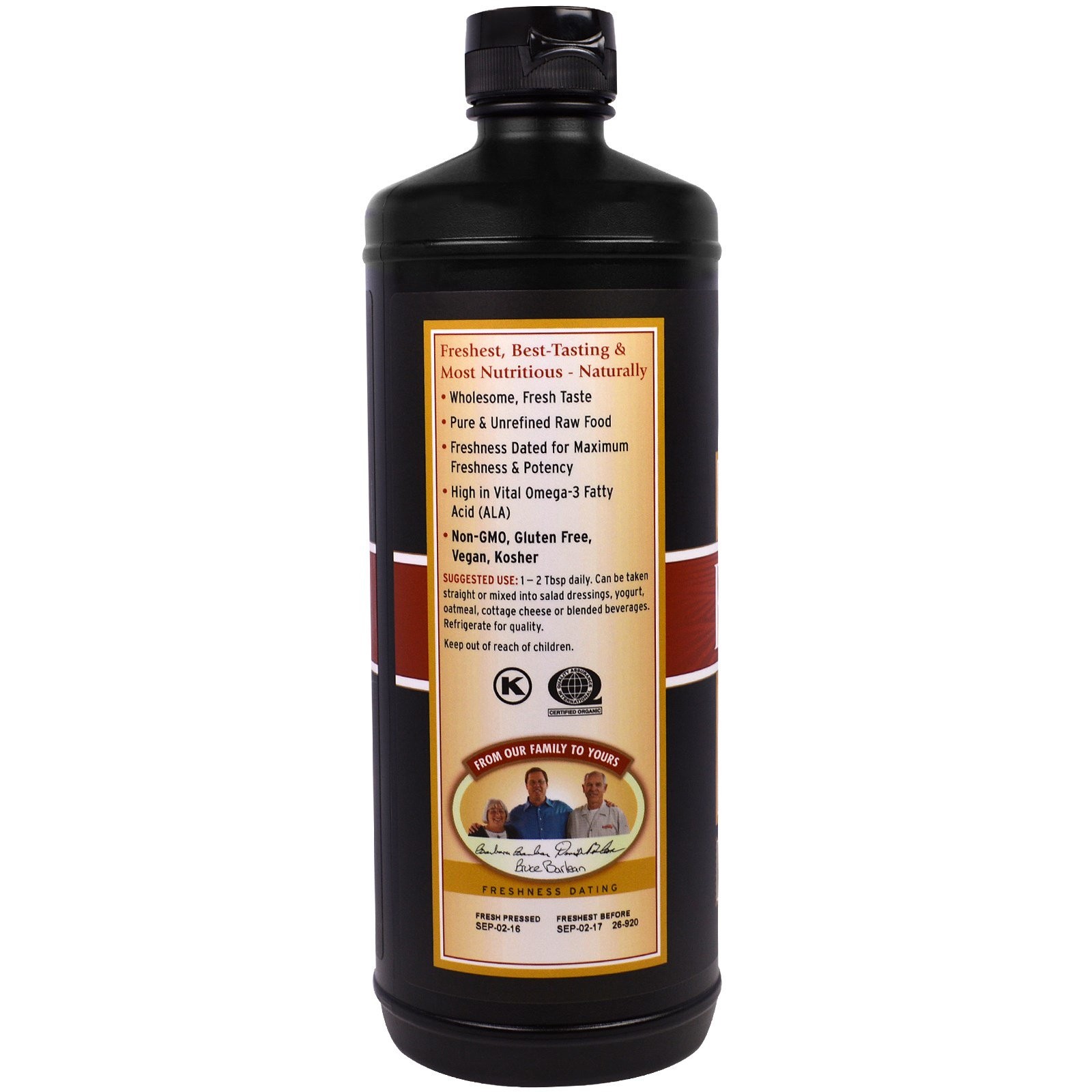 Barlean s Organic Fresh Flax Oil 32 fl oz 946 ml Gluten-Free, Kosher, Organic,