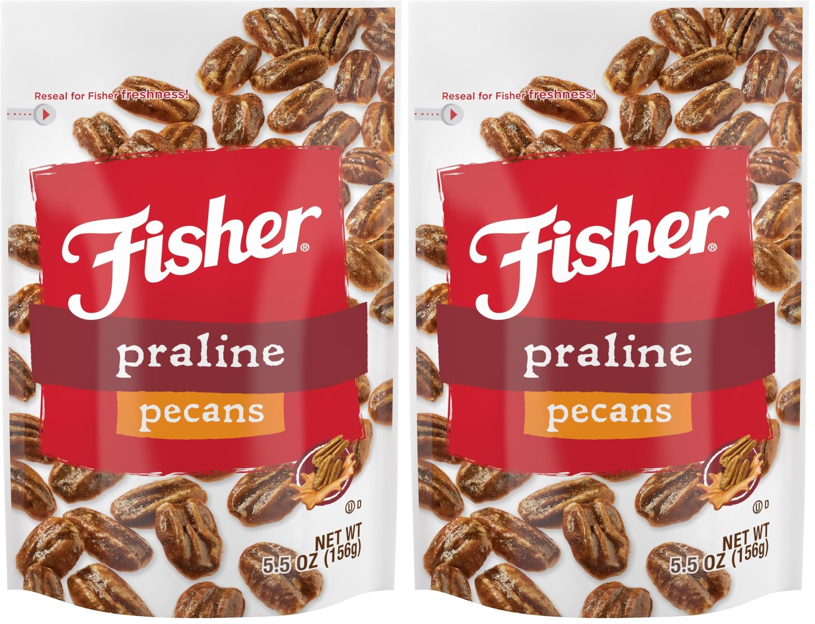 Fisher Snack Praline Pecans, 5.5 oz, Resealable Pouch, Ounces (Pack of 2)