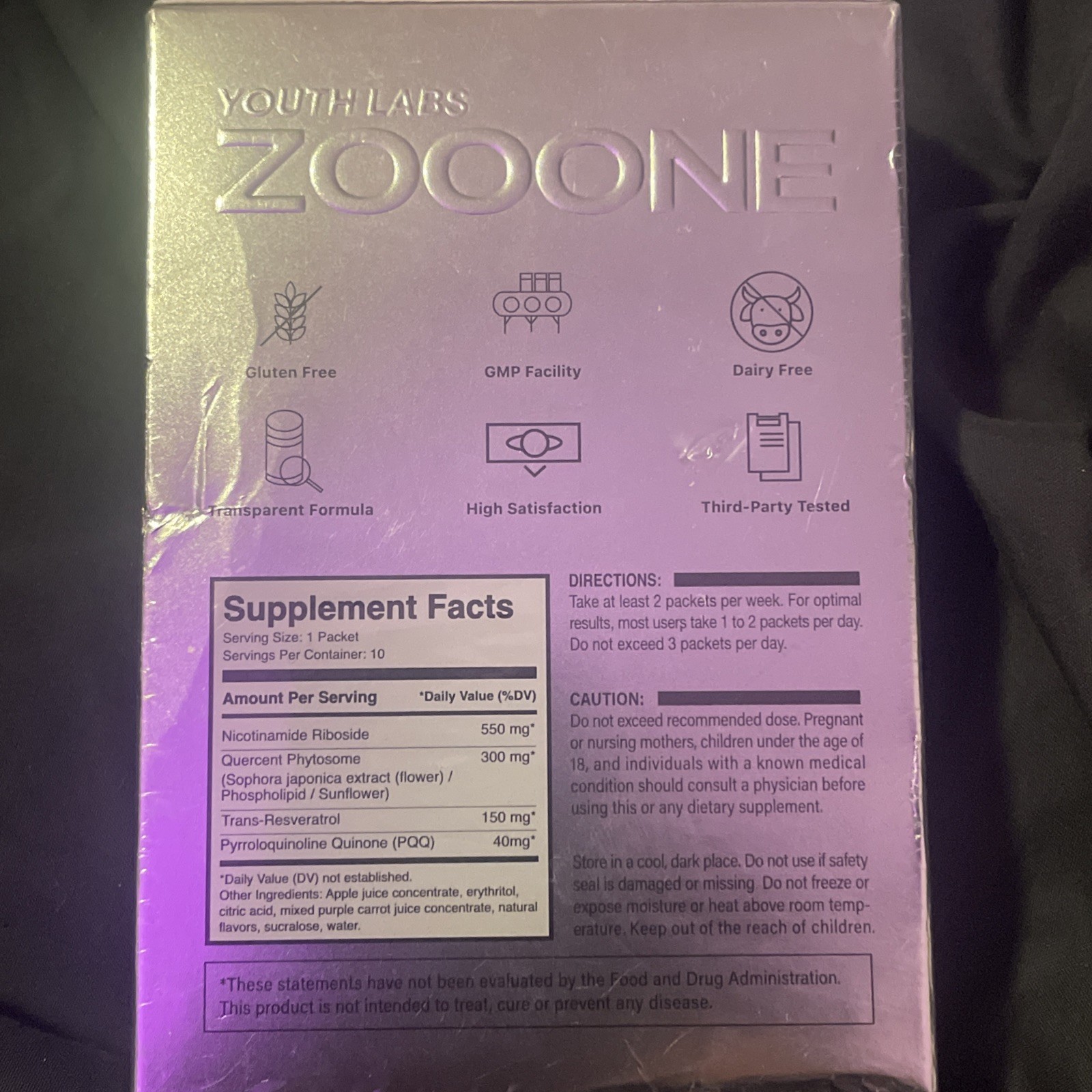 Zooone NAD+ Resveratrol CoQ10 D-Ribose PQQ 1000mg 10 pk 3.52 oz exp: 10/27 NOB