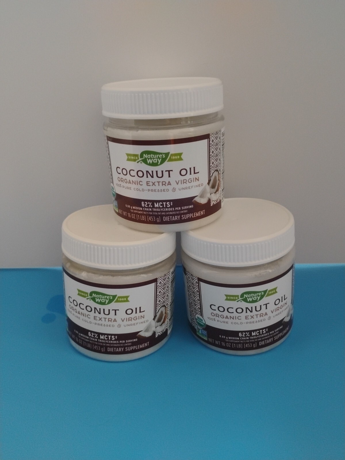 3 Jars Nature’s Way Coconut Oil Organic Extra Virgin 3/2025 16 Oz. 62% MCTS (X)