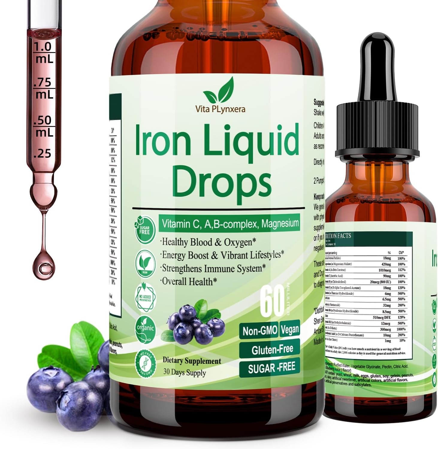 Liquid Iron Supplement for Women Men & Kids, Vegan Iron Drops with Vitamin C D,