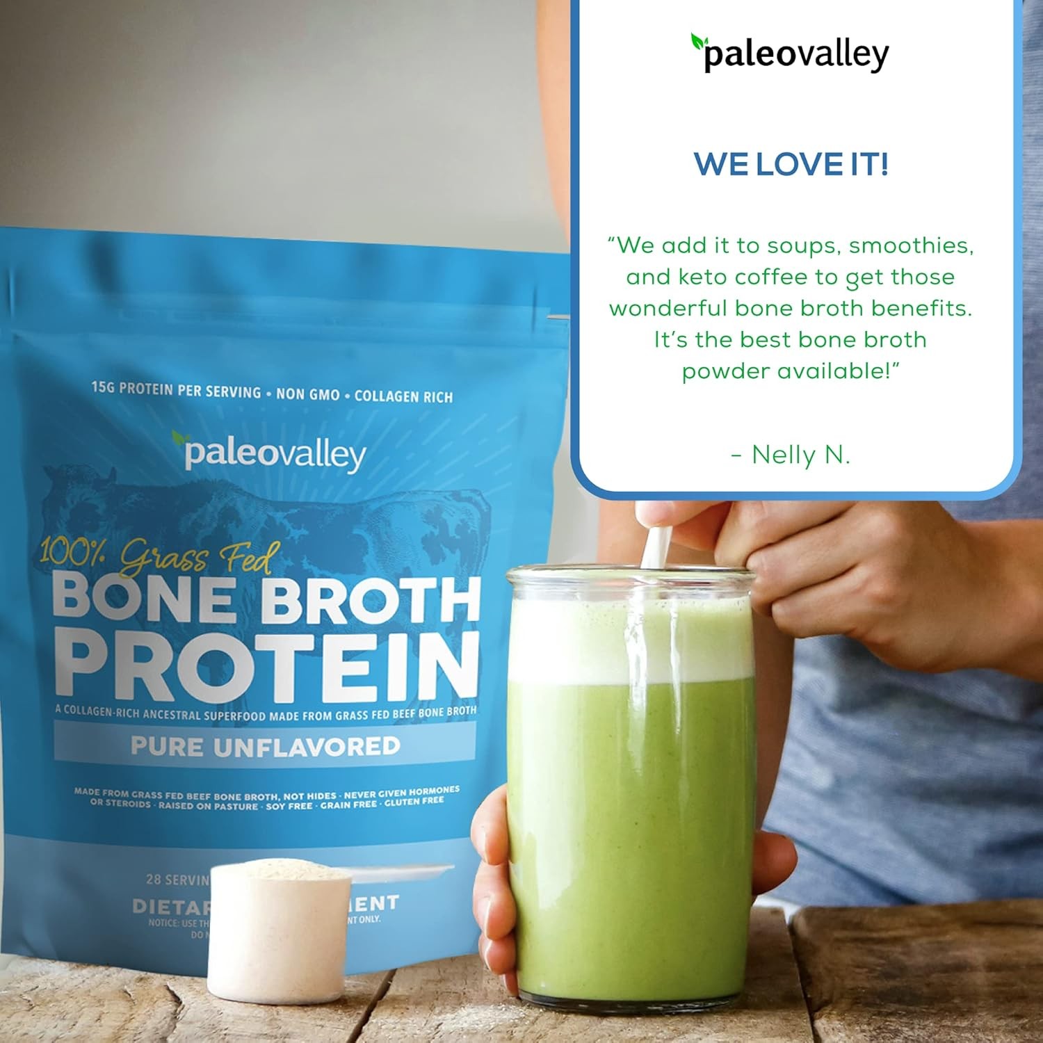 Paleovalley 100% Grass Fed Beef Bone Broth Protein Powder – Rich in Collagen Pep