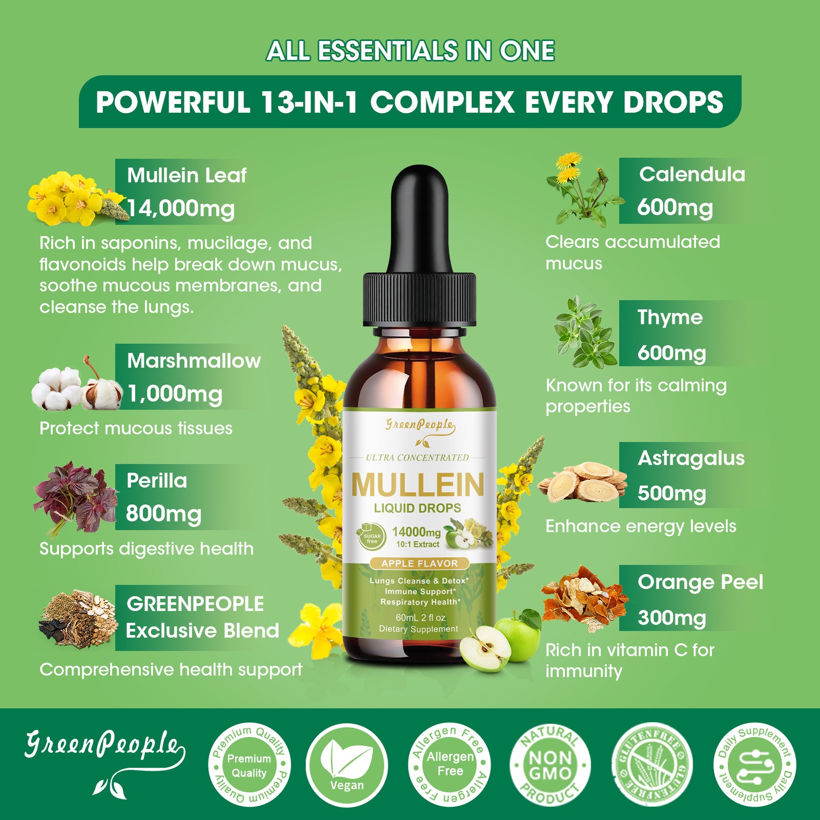 60ML Mullein drops for Lung, Mullein Leaf Extract for Lung Cleanse & Detox
