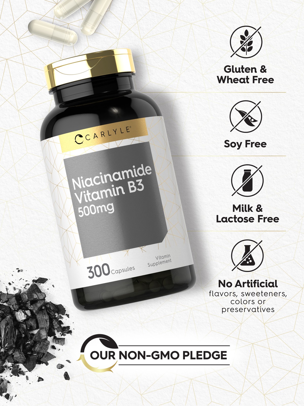 Niacinamide 500mg | 300 Capsules | Non-GMO, Gluten Free Supplement | by Carlyle